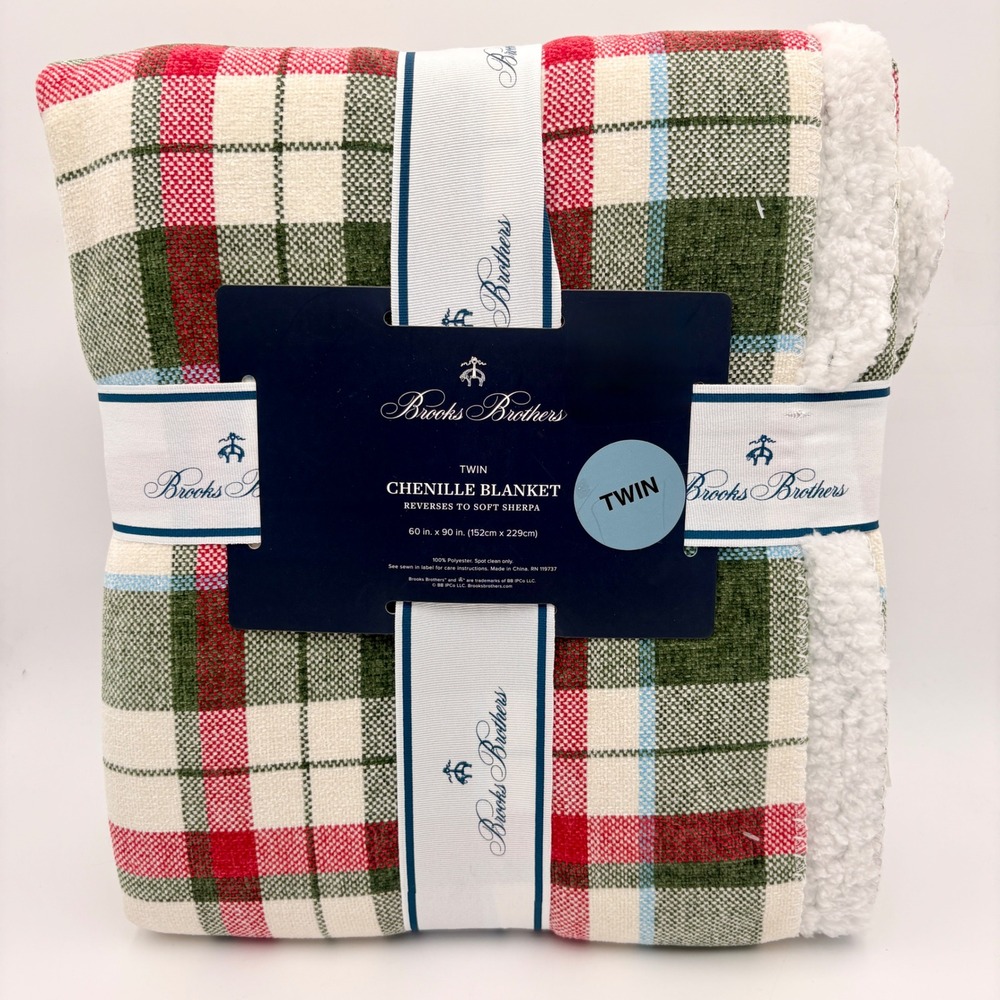 Brooks Brothers Twin Chenille Blanket Reversible Sherpa Plaid Holiday Cozy